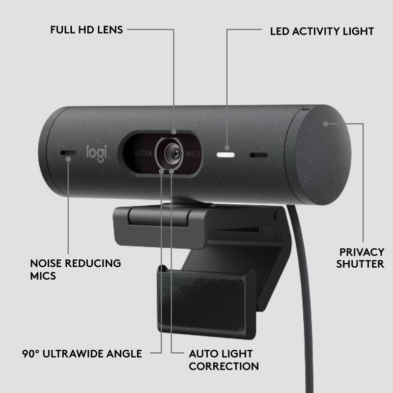 Webcam Full HD 1080p Logitech Brio 500 avec correction de la lumière, cadrage automatique et Show Mode